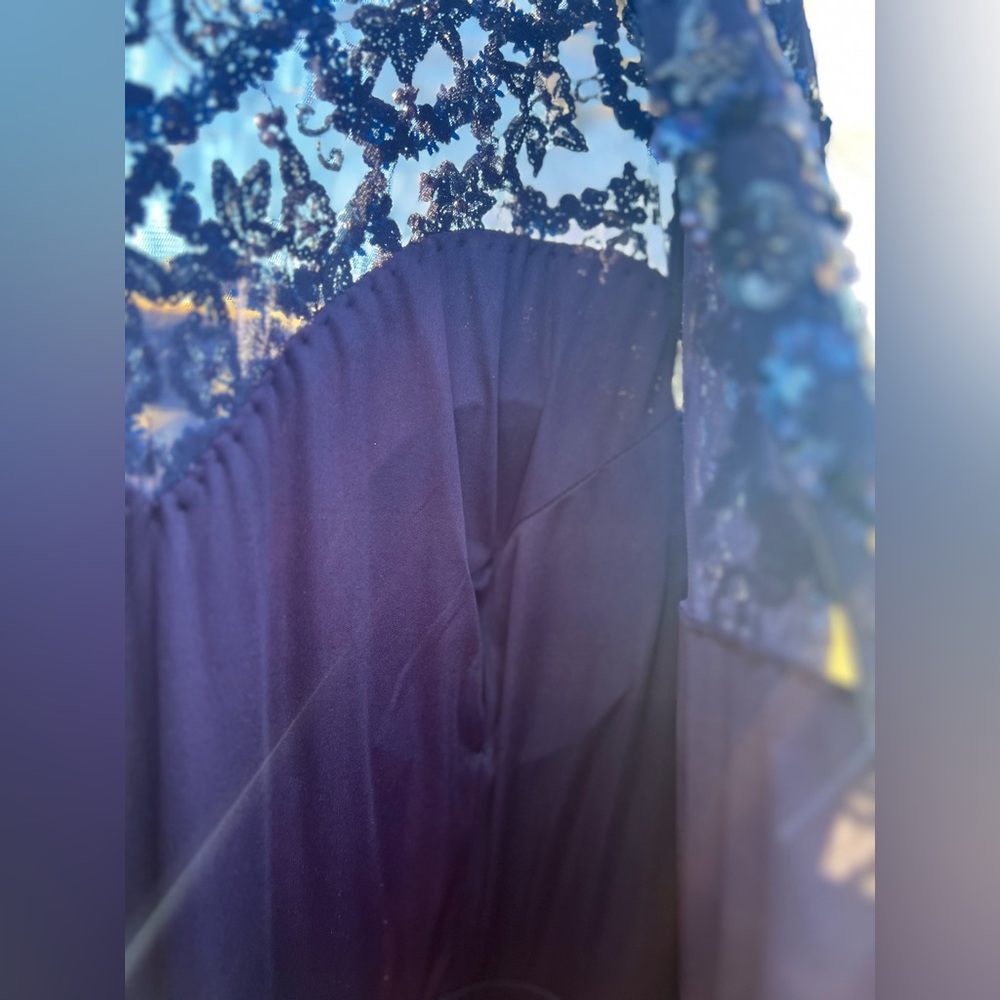 MAC DUGGAL Embellished Illusion High Neck Long Sleeve A Line Gown Navy blue - Picture 11 of 16